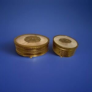 Ormolu Gold Filigree Floral Jewelry Trinket Boxes Lid Storage ~ Set Of 2 Vintage